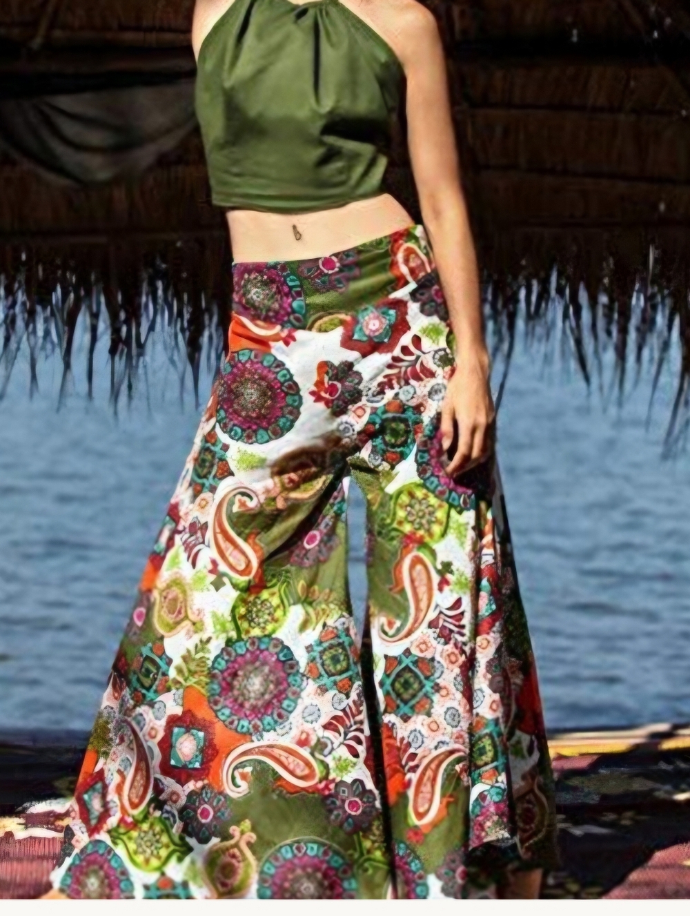 💥SALE💥NEW Bohemian Wide-Leg Floral Paisley Palazzo Pants- Olive Multi L-XL